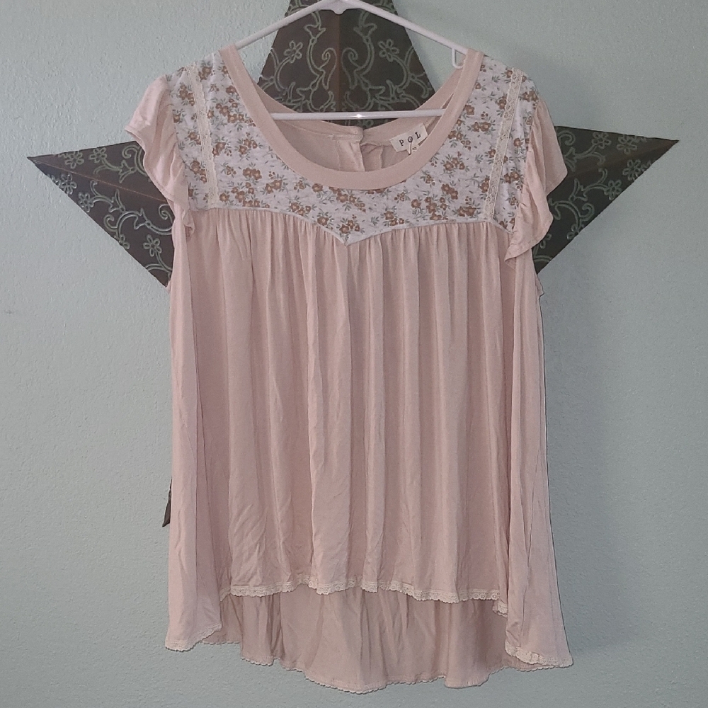 POL Pale Pink Floral Yoke Short Sleeve Blouse